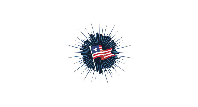 Vector illustration of the national flag of Liberia waving on a flagpole, set against a dark blue circular sunburst effect with radiating lines on a clean white background.