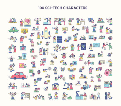 Minimal sci-tech character collection with 100 illustrations featuring AI, robotics, space, research, smart technology, automation, and innovation.