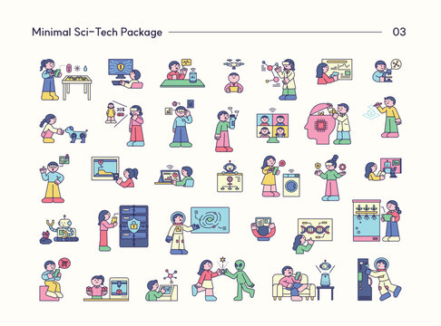 Minimal sci-tech character collection featuring AI, robotics, smart devices, cybersecurity, biotechnology, automation, and future technology concepts.