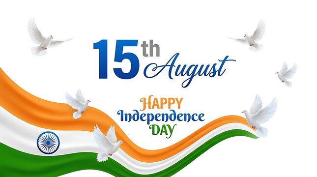 Indian independence day celebration with flag and doves on white background