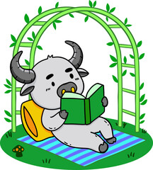 Fototapeta premium Cute buffalo reading abook outdoor