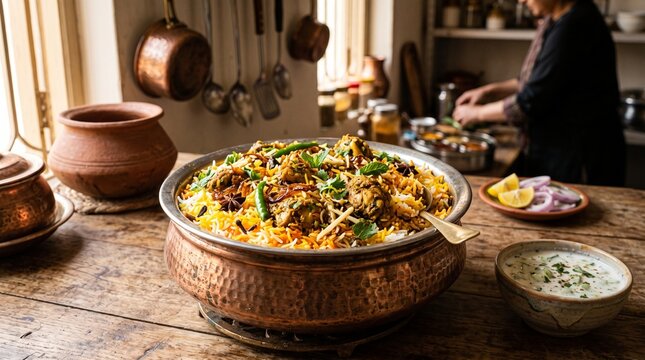 Traditional Pakistani chicken biryani in a large copper handi on a rustic wooden counter, with cucumber raita, sliced onions, lemons, and a woman cooking in the background.