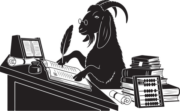 Goat sitting at desk writing on typewriter with books papers black silhouette 