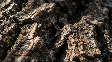 Fototapeta premium Close-up Macro View of Ancient Tree Bark Texture with Moss and Lichen in Natural Forest Setting