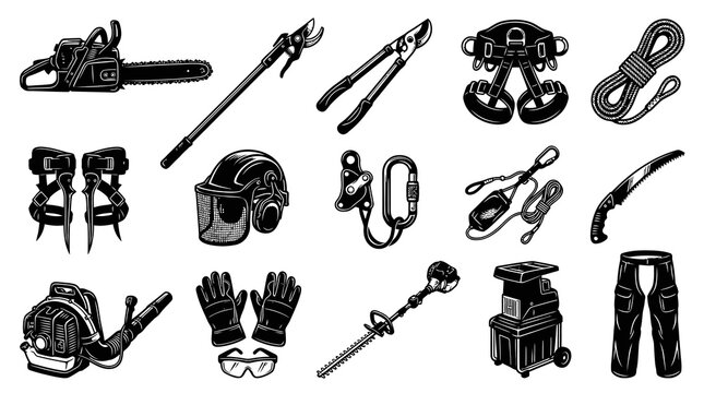Arborist Tree Care Forestry Tools  Equipment Vector Icons Set Black White Line Art Vintage Style