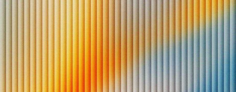Abstract fluted glass texture with orange and blue gradient light, ribbed glass panel background for modern interior design, vertical parallel lines on frosted glass surface for web banners.