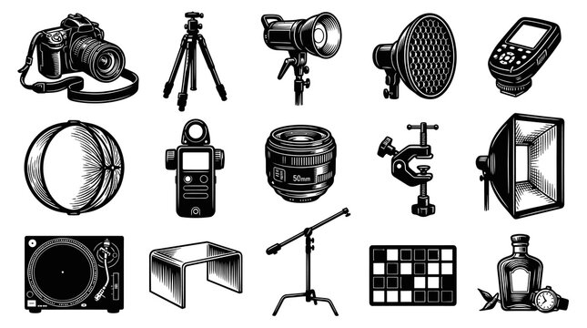 Photography Studio Equipment Line Art Set. Vintage Black and White Camera, Lighting, and Accessories Collection