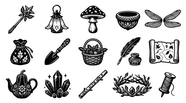Black and White Vector Icons of Enchanted Forest Objects - Fairy Tale Style