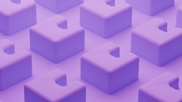 Abstract violet square shapes row 3d render. Modern wallpaper, technology background. 3D Illustration