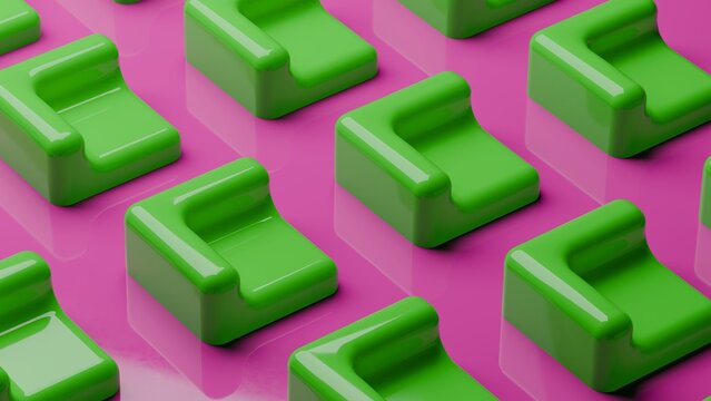 Abstract green square shapes row 3d render. Modern wallpaper, technology background. 3D Illustration