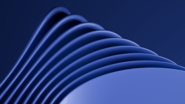 Abstract wavy curved 3d render. Blue layers of plastic with lines, folds, ruffles. Modern wallpaper, texture pattern.
