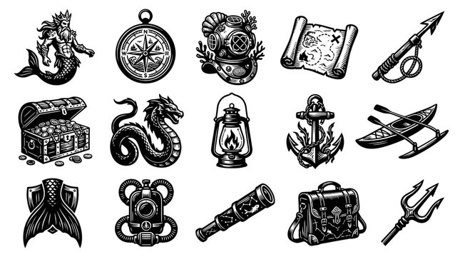 Nautical Adventure Pirate Exploration Objects Engraved Black  White Icons Set