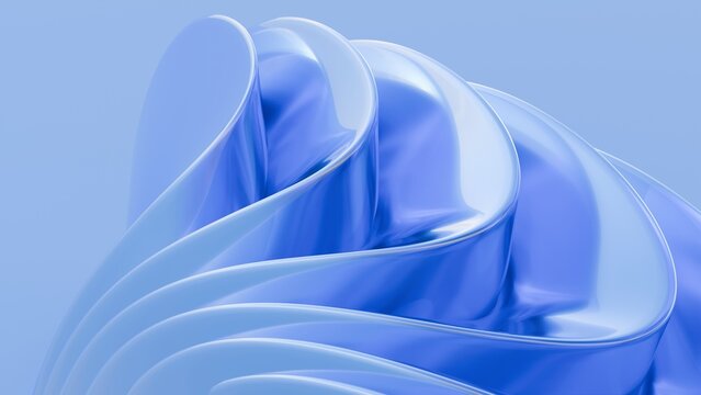 Abstract wavy curved 3d render.Blue layers of glass with lines, folds, ruffles. Modern wallpaper, texture pattern.