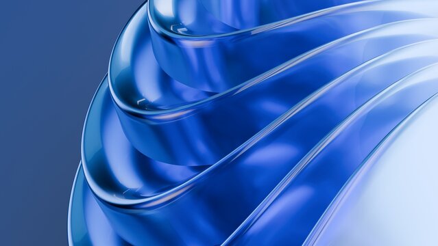 Abstract wavy curved 3d render.Blue layers of glass with lines, folds, ruffles. Modern wallpaper, texture pattern.