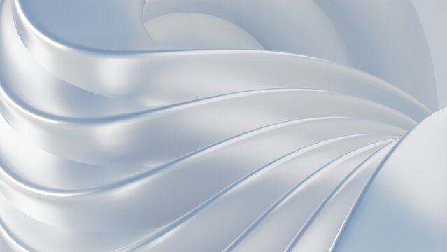 Abstract wavy curved 3d render. White layers of liquid metal with lines, folds, ruffles. Modern wallpaper, 3D Illustration