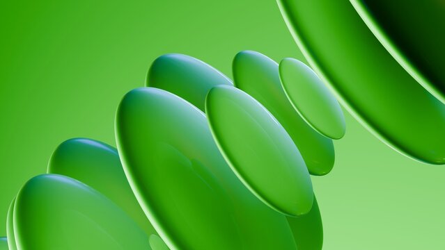 Abstract round  circles 3d render. Green layers of plastic round shapes. Modern wallpaper, texture pattern. 3D Illustration