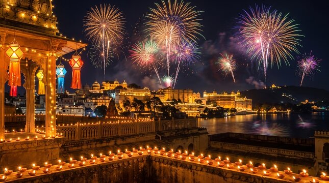 Vibrant diwali celebration with fireworks and lanterns in india