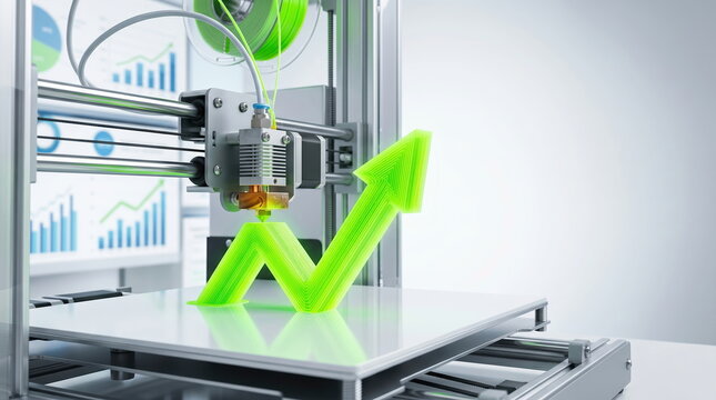 3D printer fabricating green growth arrow, financial charts in background, symbolizing business development and innovation.