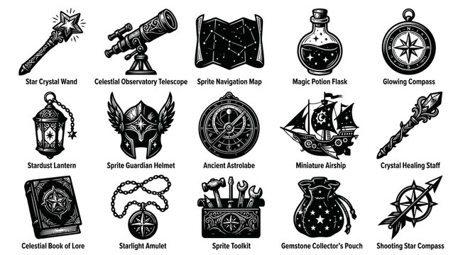 Fantasy Adventure Game Icons: Magic Wand, Potion Flask, Compass, Ship, Staff, Book