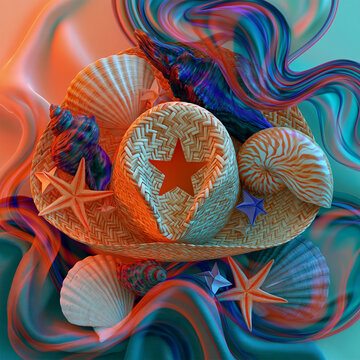 Summer Beach Hat with Seashells, Starfish and Turquoise Fabric