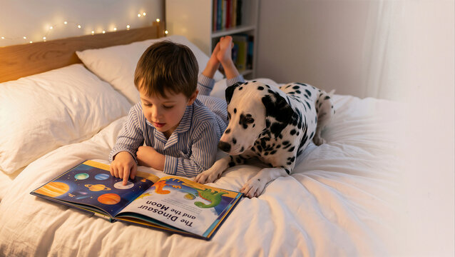 Boy reading bedtime story with Dalmatian dog on bed, cozy bedroom setting with fairy lights, promoting childhood learning and pet bond.
