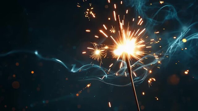 Sparkler igniting with bright sparks and blue smoke trails against a dark background