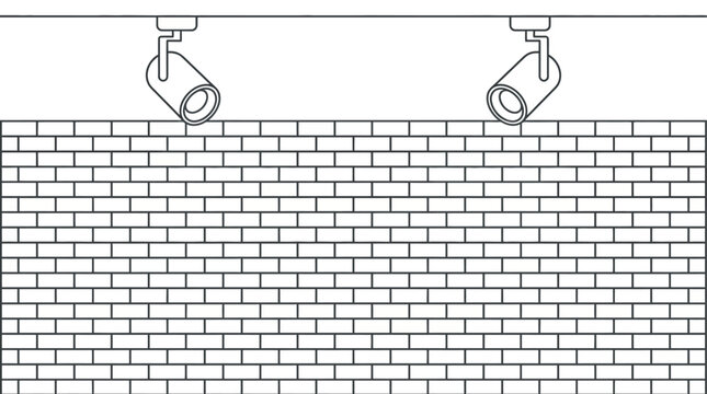 Brick wall background features two adjustable ceiling spotlights casting illumination across a clean and empty interior space.