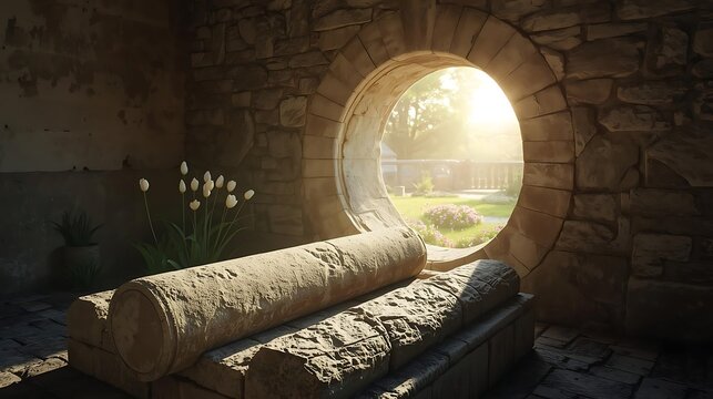 Magical stone portal opening into a bright forest