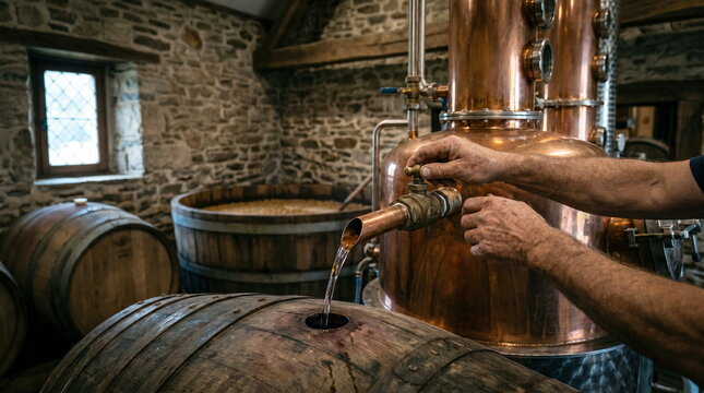 Distillation process, hands operating copper still spigot, filling oak barrel in traditional distillery, craft beverage production.