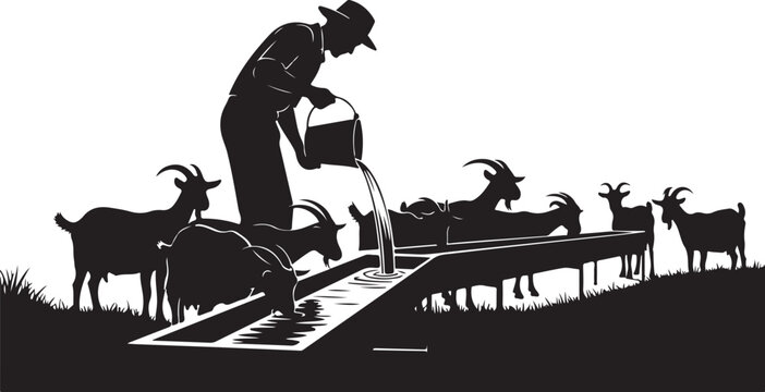 Man pouring water for goats on a piano black silhouette 
