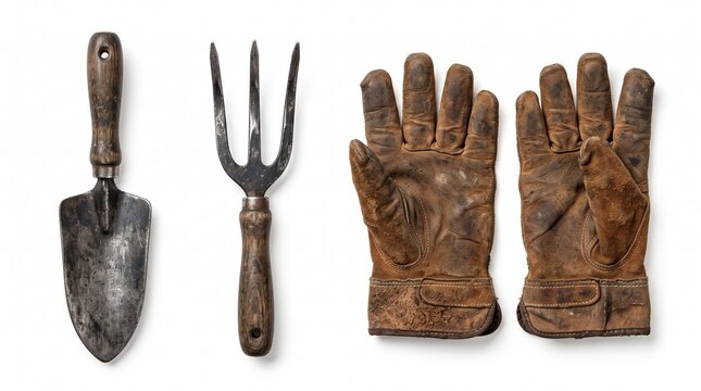 old gloves shovel fork leather work hand rusty dirty used vintage equipment farming agriculture outdoor heavy duty labor manual worker protection digging planting harvesting soil