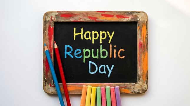 Colorful chalkboard with happy republic day message and school supplies on white background