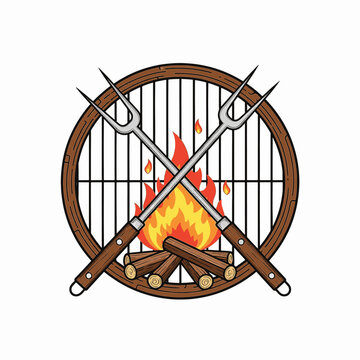 Vector illustration of crossed barbecue meat forks over a circular grill grate with burning wood logs and an orange flame, isolated on a white background for outdoor cooking themes.