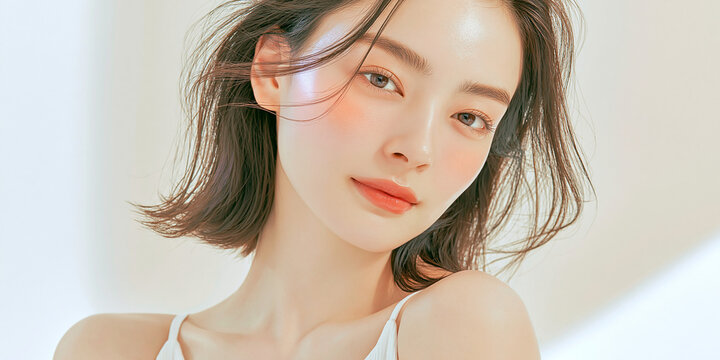 美容, 女性, スキンケア, 化粧品, ビューティー, 若い女性, 美肌, 日本人, アジア人, フェイシャル, メイク, 美容液, 保湿, クリーム, エイジングケア, 美容医療, エステ, 美容クリニック, 肌ケア, ナチュラルメイク, 透明感, ツヤ肌, モデル, 笑顔, ポートレート, クローズアップ, リラックス, 癒し, 健康的, 美白, コラーゲン, ヒアルロン酸, アンチエイジング