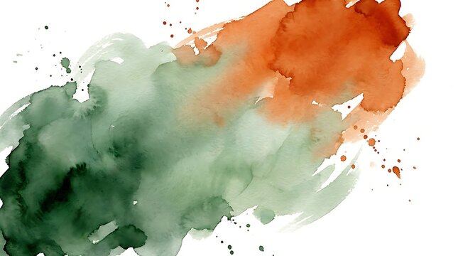 Watercolor paint splatter with green and orange hues on white background