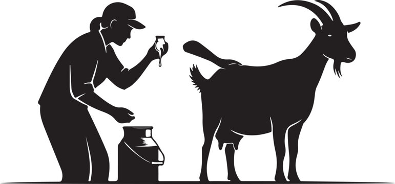 Milking goat with pail and man silhouette