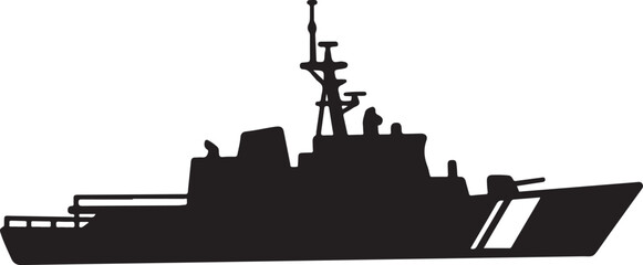 Obraz premium Military warship, naval vessel, black silhouette, vector illustration, modern destroyer