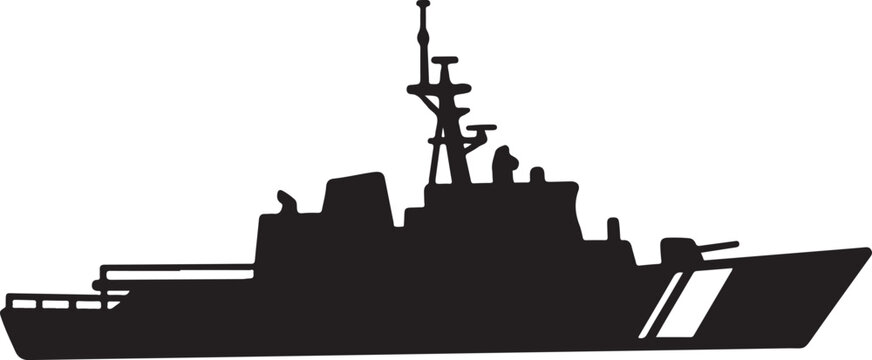 Military warship, naval vessel, black silhouette, vector illustration, modern destroyer