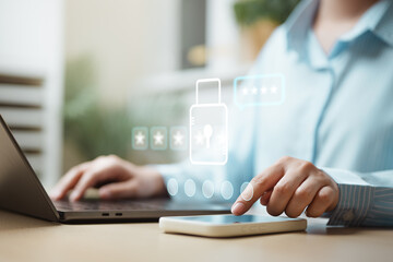 Fototapeta premium User verifying account access with OTP authentication on smartphone and laptop, representing multi-factor security, identity verification, data protection, and secure digital access.