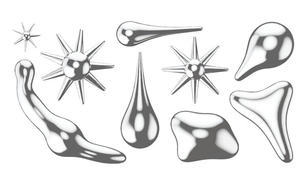 Set of abstract 3D liquid metal chrome shapes with stars and fluid blobs vector illustration background