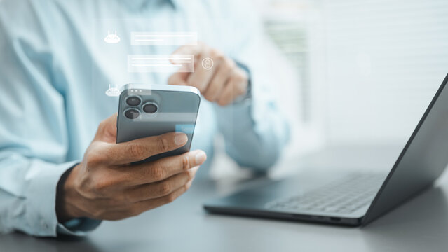 Person using a smartphone with AI chatbot interface and virtual assistant messaging system, representing artificial intelligence, automated communication, and smart digital support.