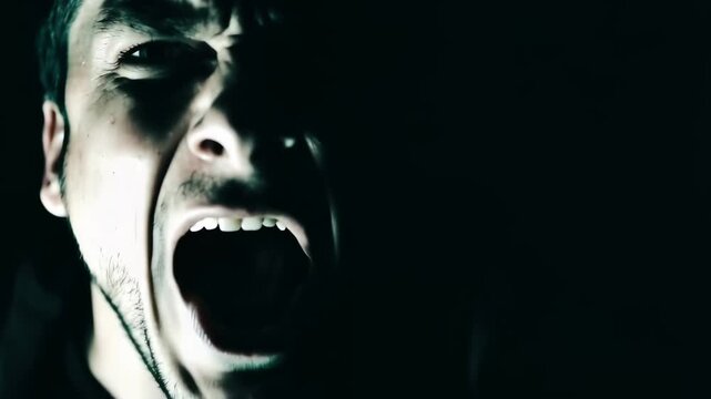 Man's face contorted in anguish during dark dramatic cinematic close up with intense emotion