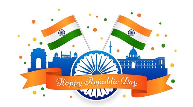 Indian republic day celebration with flags and cityscape isolated on white background