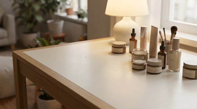 Professional makeup vanity table with assorted skincare jars glass serum bottles cosmetic brushes and glowing lamp in warm cozy room setting for beauty routine preparations near window sunlight.