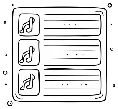 Outline Illustration of Audio Playlist with Music Notes and List Format