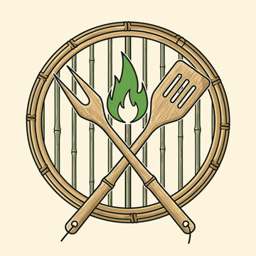 Stylized illustration of eco-friendly bamboo barbecue utensils including crossed spatula and fork positioned over a round bamboo grill grate with a green flame symbol.