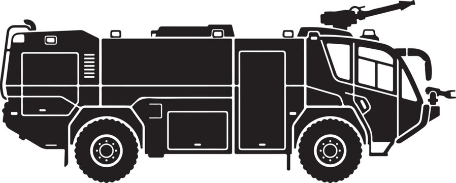 Fire truck, fire engine, emergency vehicle, rescue truck, black and white vector