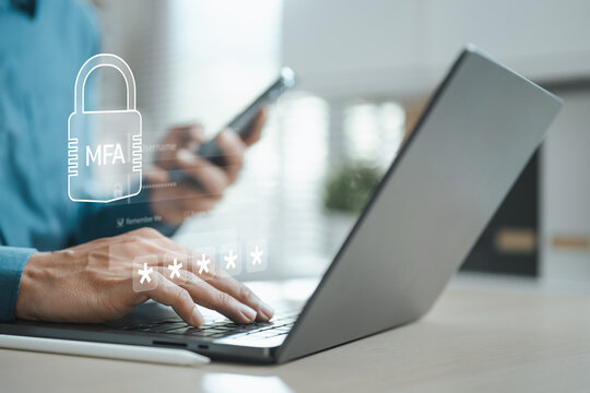 User accessing a laptop with MFA and 2FA verification on a secure login system, highlighting cybersecurity, identity protection, encryption, and digital account safety.