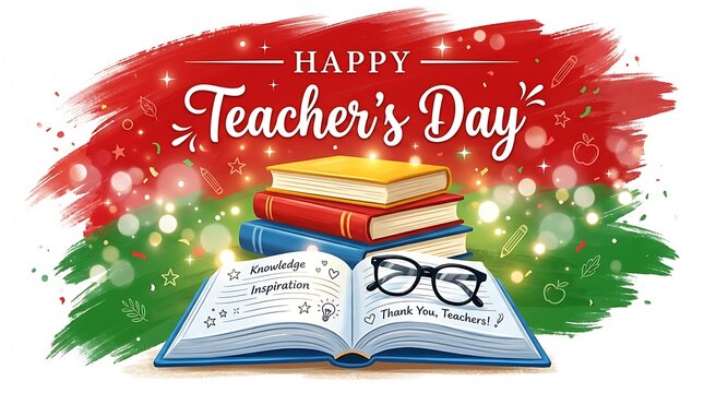 Happy teachers day illustration with books and glasses on white background