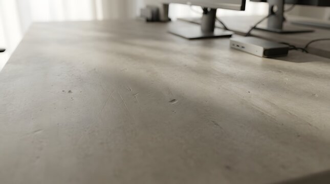 Close-up textured concrete desk surface with sunlight shadows, office table background with computer monitors and docking station, contemporary workspace detail, indoor setting.